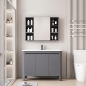 Ensemble Meuble de Salle de Bain Familial sur Pieds aux Bords Arrondis avec Armoire de Toilette Symétrique - 90 cm (Gris)