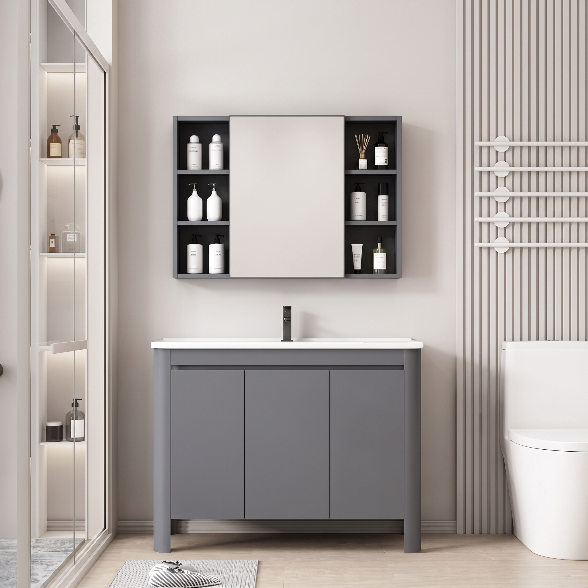 Pack Ensemble Meuble de Salle de Bain Familial sur Pieds aux Bords Arrondis avec Armoire de Toilette Symétrique - 90 cm (Gris)