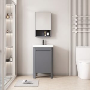 Ensemble Meuble de Salle de Bain Compact sur Pieds aux Bords Arrondis avec Armoire de Toilette et Niche - 50 cm (Gris)