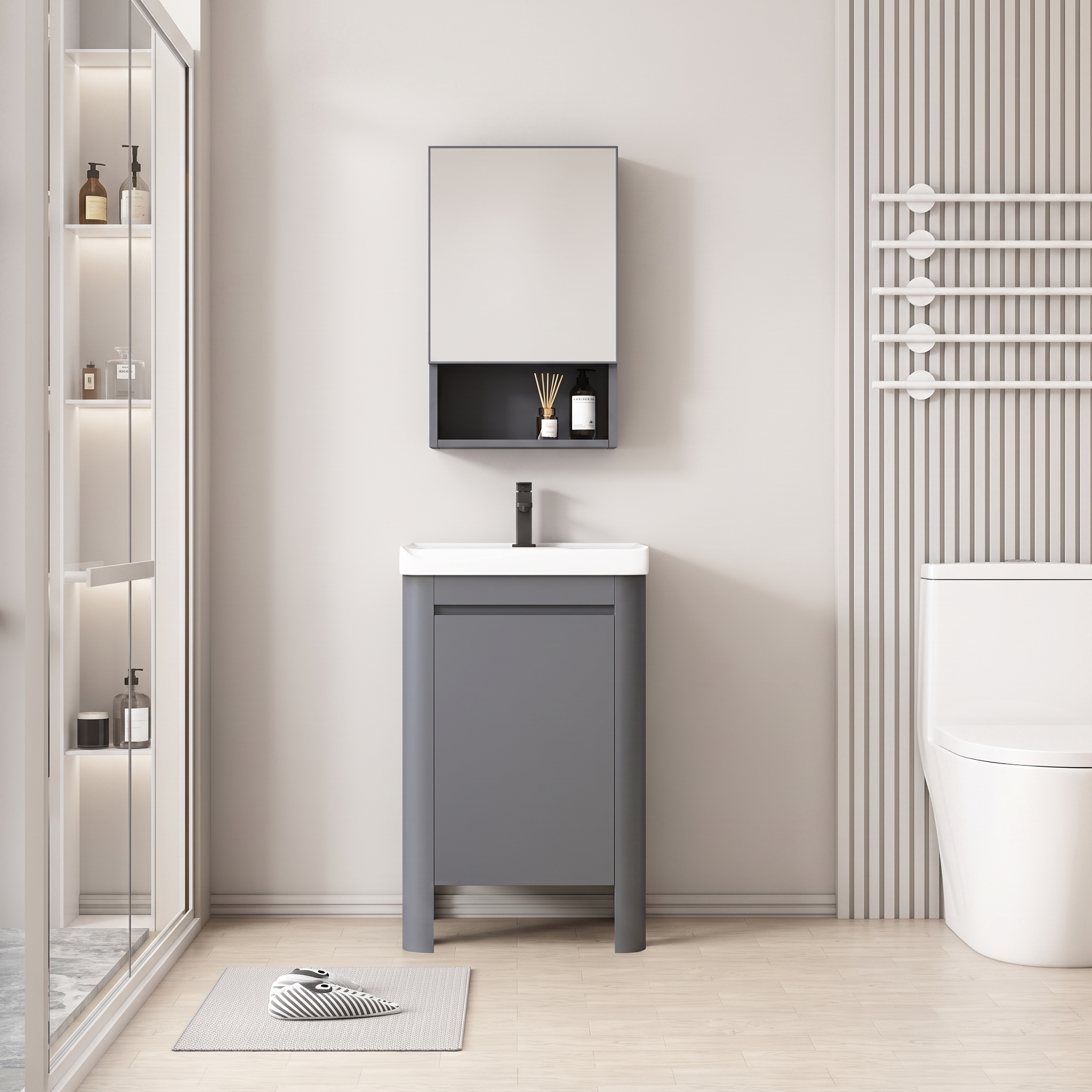 Pack Ensemble Meuble de Salle de Bain Ultra-Compact sur Pieds aux Bords Arrondis avec Armoire de Toilette et Niche - 40 cm (Gris)