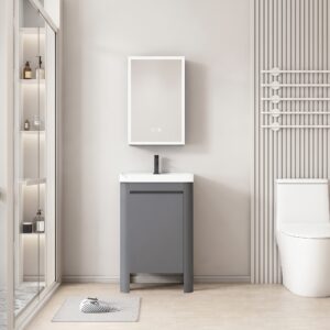Ensemble Meuble de Salle de Bain Ultra-Compact sur Pieds aux Bords Arrondis avec Armoire de Toilette LED - 40 cm (Gris)