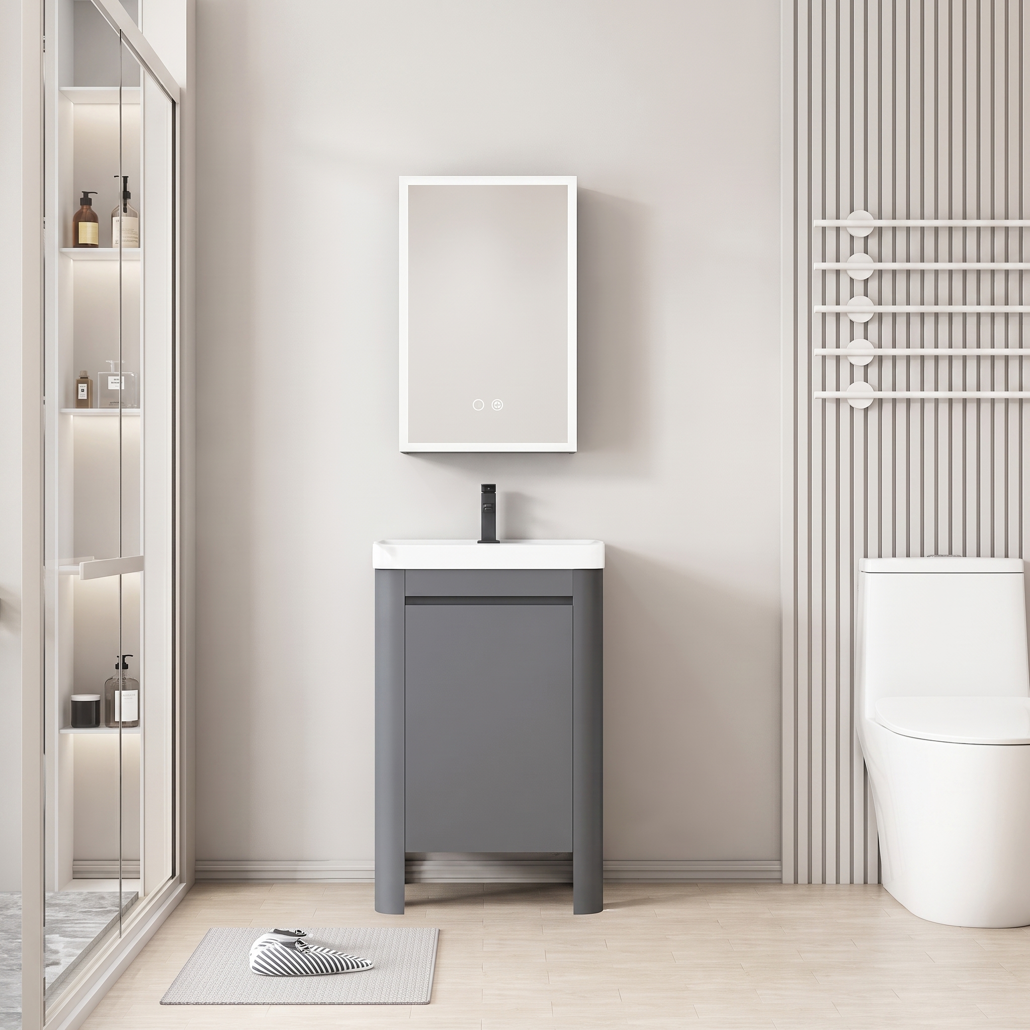 Pack Ensemble Meuble de Salle de Bain Ultra-Compact sur Pieds aux Bords Arrondis avec Armoire de Toilette LED - 40 cm (Gris)