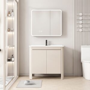 Ensemble Meuble de Salle de Bain Minimaliste sur Pieds avec Armoire de Toilette LED aux Bords Arrondis (Beige Clair)
