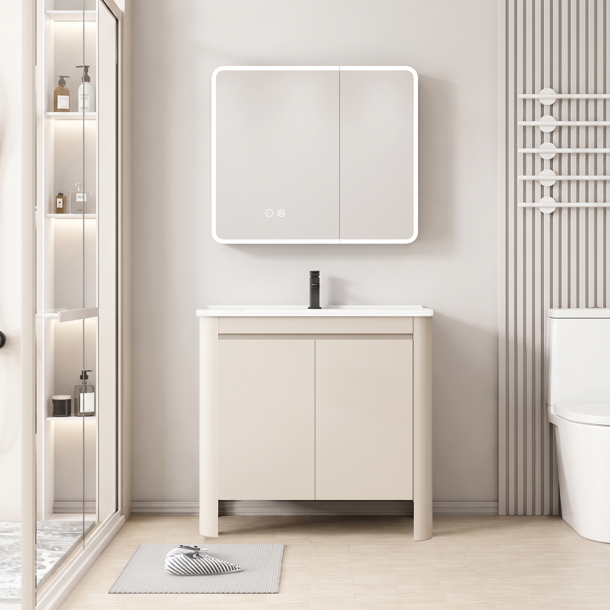 Pack Ensemble Meuble de Salle de Bain Minimaliste sur Pieds avec Armoire de Toilette LED aux Bords Arrondis (Beige Clair)