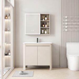 Ensemble Meuble de Salle de Bain Minimaliste sur Pieds aux Bords Arrondis avec Armoire de Toilette LED - 70 cm (Beige Clair)
