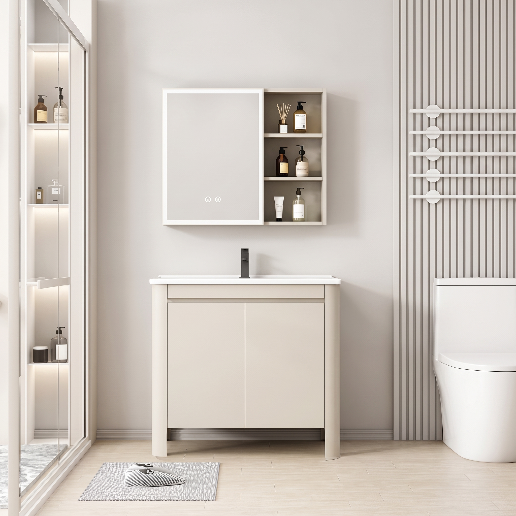 Pack Ensemble Meuble de Salle de Bain Minimaliste sur Pieds aux Bords Arrondis avec Armoire de Toilette LED - 80 cm (Beige Clair)