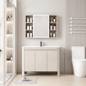 Ensemble Meuble de Salle de Bain Familial sur Pieds aux Bords Arrondis avec Armoire de Toilette LED Symétrique - 100 cm (Beige Clair)