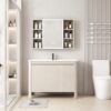 Pack Ensemble Meuble de Salle de Bain Familial sur Pieds aux Bords Arrondis avec Armoire de Toilette LED Symétrique - 90 cm (Beige Clair)