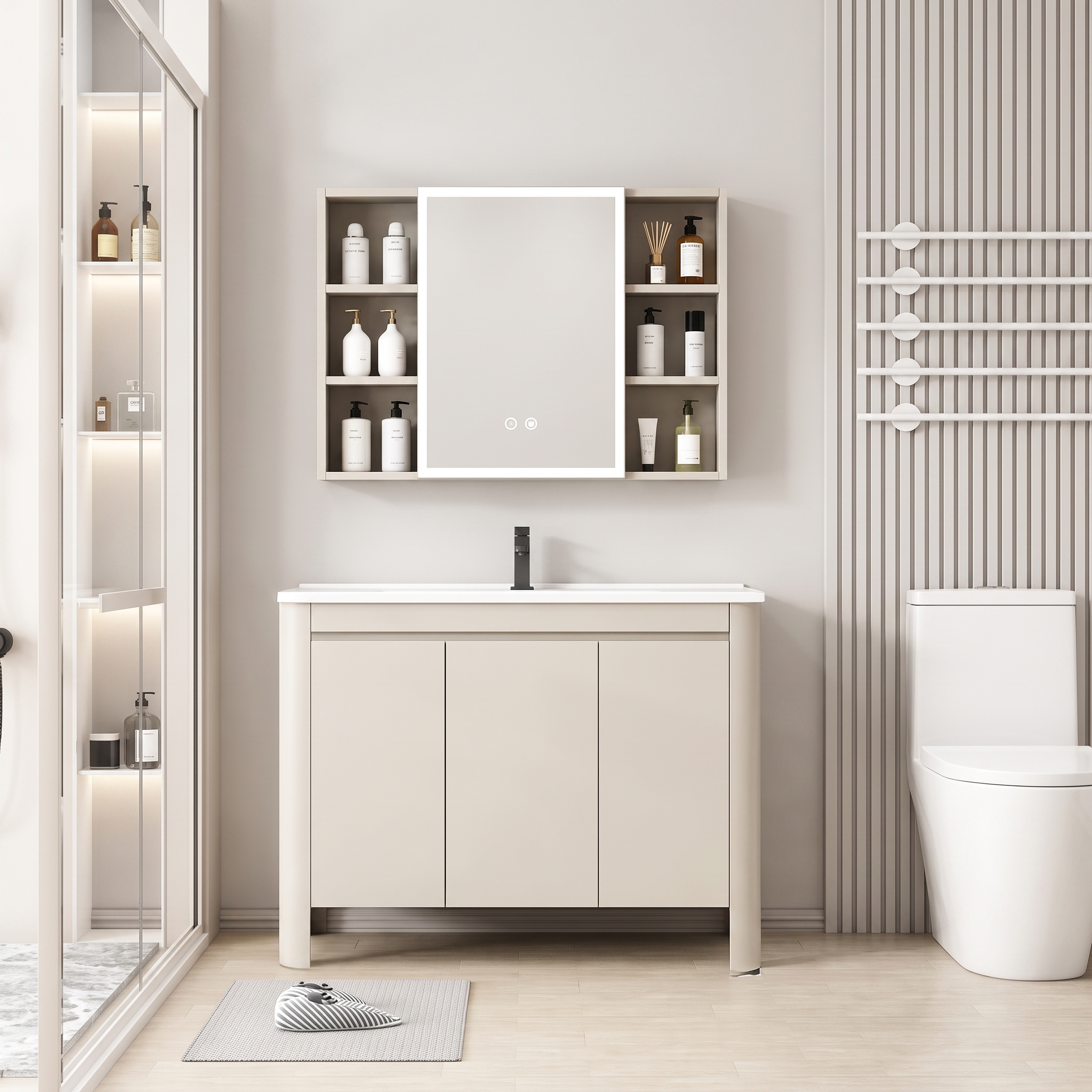 Pack Ensemble Meuble de Salle de Bain Familial sur Pieds aux Bords Arrondis avec Armoire de Toilette LED Symétrique - 90 cm (Beige Clair)