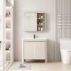 Pack Ensemble Meuble de Salle de Bain Minimaliste sur Pieds aux Bords Arrondis avec Armoire de Toilette à Bandeau LED - 70 cm (Beige Clair)