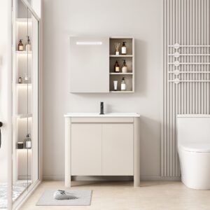 Ensemble Meuble de Salle de Bain Minimaliste sur Pieds aux Bords Arrondis avec Armoire de Toilette à Bandeau LED - 70 cm (Beige Clair)
