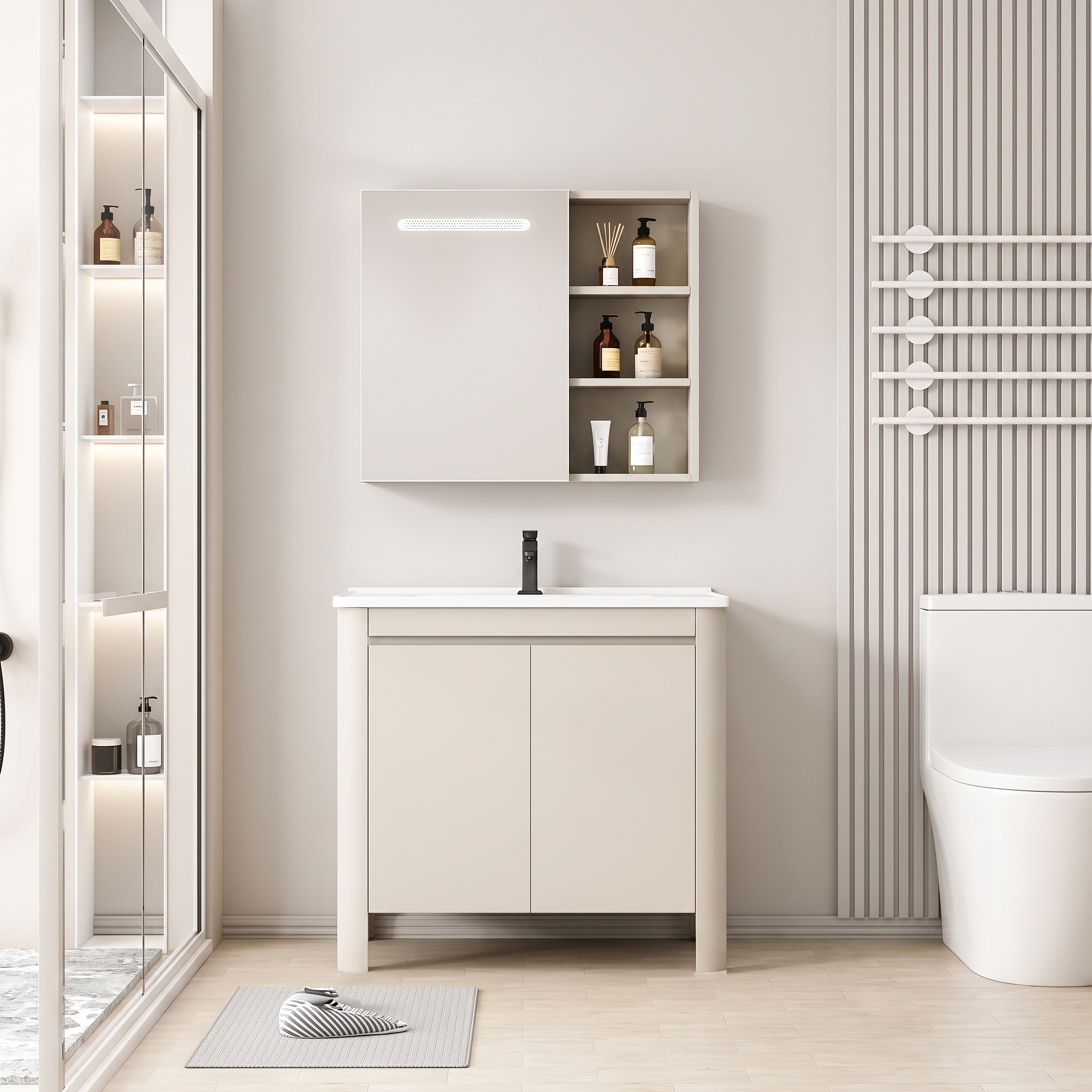 Pack Ensemble Meuble de Salle de Bain Minimaliste sur Pieds aux Bords Arrondis avec Armoire de Toilette à Bandeau LED - 60 cm (Beige Clair)