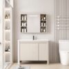 Pack Ensemble Meuble de Salle de Bain Familial sur Pieds aux Bords Arrondis avec Armoire de Toilette à Bandeau LED - 100 cm (Beige Clair)