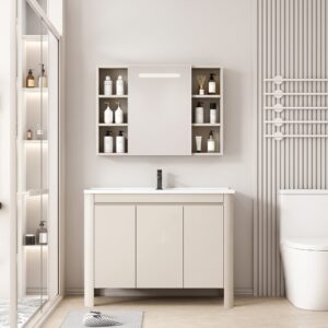 Ensemble Meuble de Salle de Bain Familial sur Pieds aux Bords Arrondis avec Armoire de Toilette à Bandeau LED - 100 cm (Beige Clair)