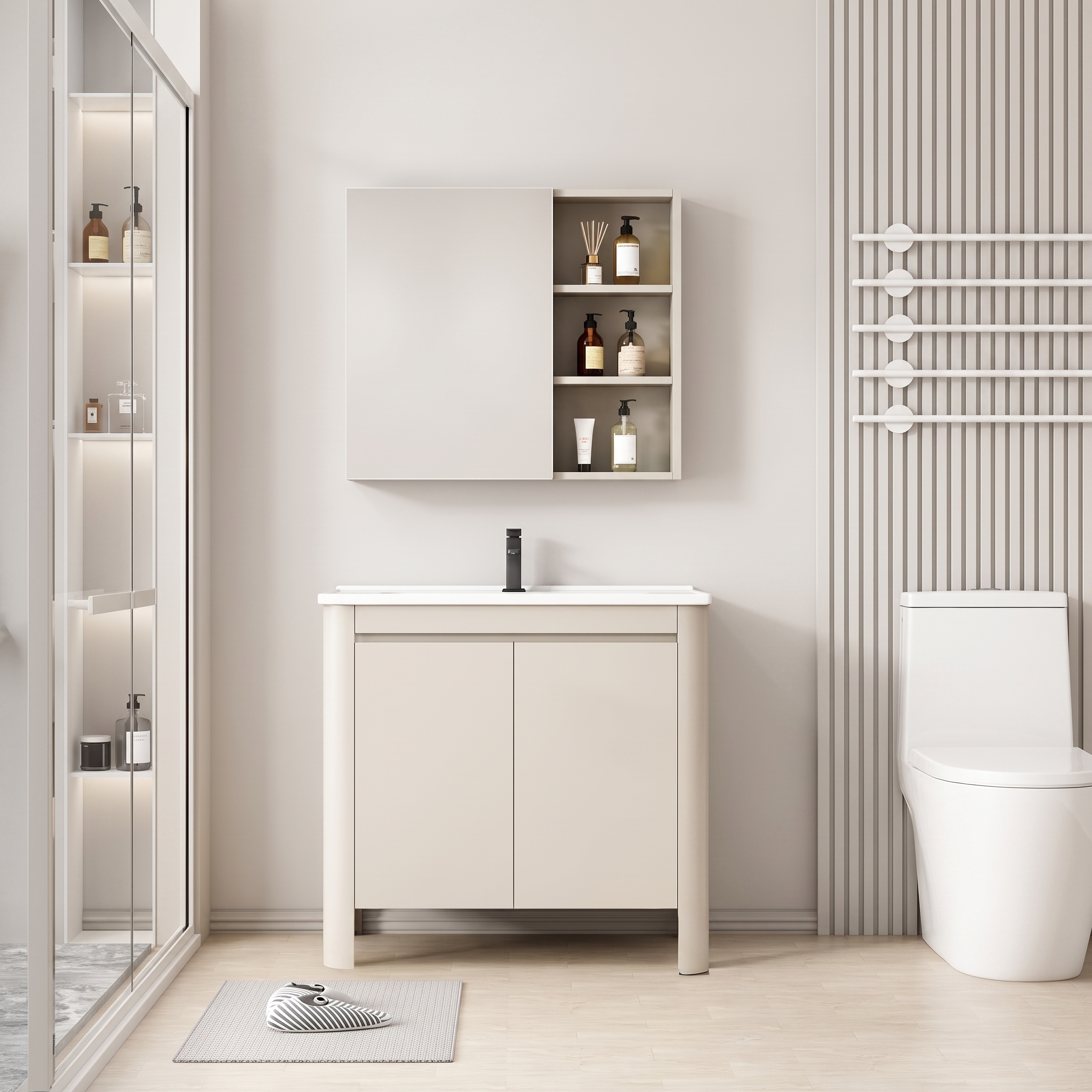 Pack Ensemble Meuble de Salle de Bain Minimaliste sur Pieds aux Bords Arrondis avec Armoire de Toilette - 70 cm (Beige Clair)