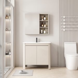 Ensemble Meuble de Salle de Bain Minimaliste sur Pieds aux Bords Arrondis avec Armoire de Toilette - 80 cm (Beige Clair)