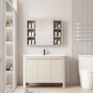 Ensemble Meuble de Salle de Bain Spacieux sur Pieds aux Bords Arrondis avec Armoire de Toilette Symétrique - 90 cm (Beige Clair)