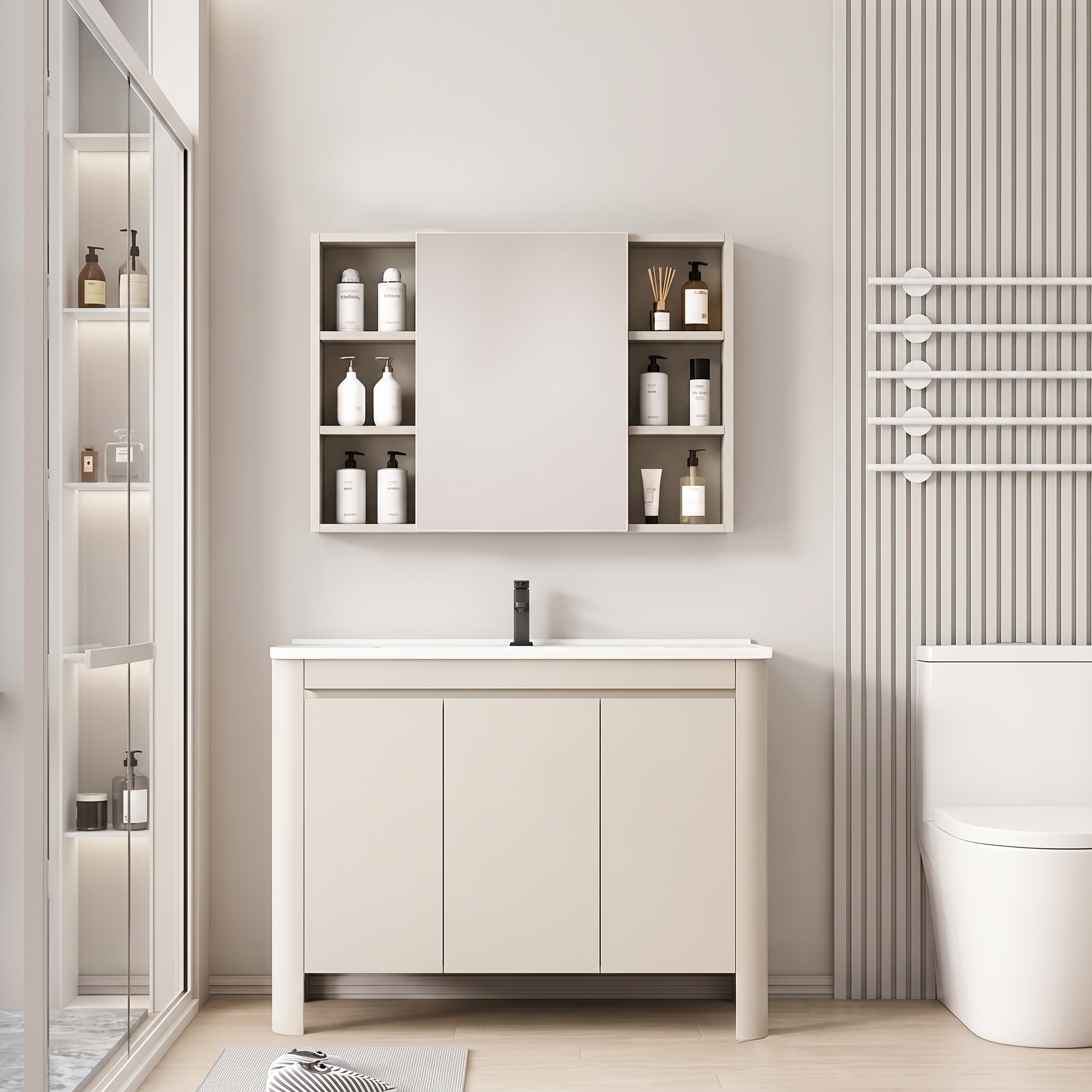 Pack Ensemble Meuble de Salle de Bain Spacieux sur Pieds aux Bords Arrondis avec Armoire de Toilette Symétrique - 90 cm (Beige Clair)