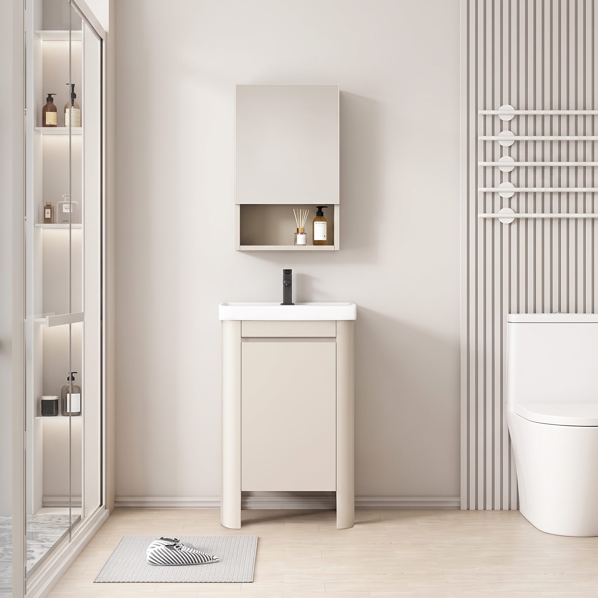 Pack Ensemble Meuble de Salle de Bain Compact sur Pieds aux Bords Arrondis avec Armoire de Toilette et Niche - 50 cm (Beige Clair)