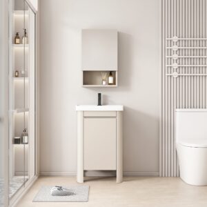Ensemble Meuble de Salle de Bain Ultra-Compact sur Pieds aux Bords Arrondis avec Armoire de Toilette et Niche - 40 cm (Beige Clair)