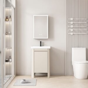 Ensemble Meuble de Salle de Bain Compact sur Pieds aux Bords Arrondis avec Armoire de Toilette LED - 50 cm (Beige Clair)