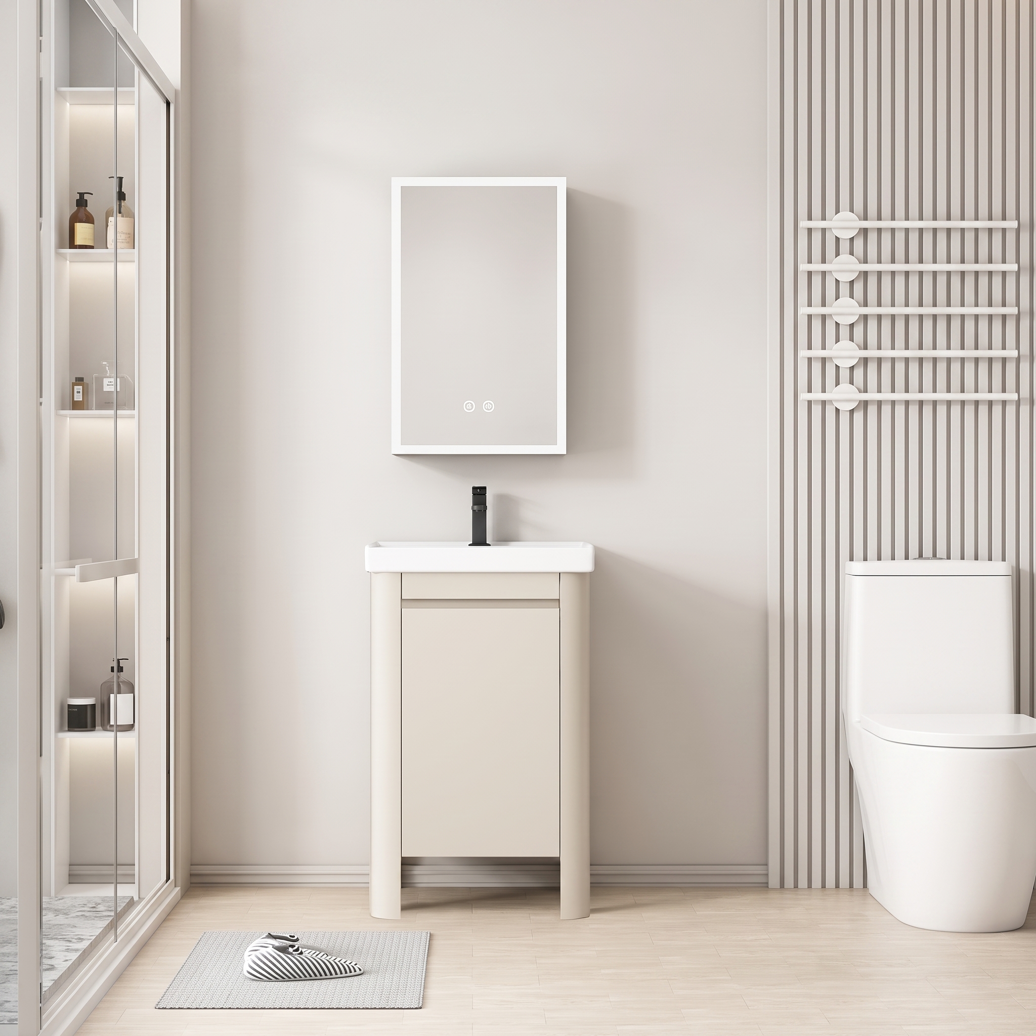 Pack Ensemble Meuble de Salle de Bain Compact sur Pieds aux Bords Arrondis avec Armoire de Toilette LED - 50 cm (Beige Clair)
