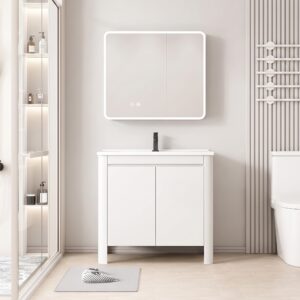 Ensemble Meuble de Salle de Bain Minimaliste sur Pieds avec Armoire de Toilette LED aux Bords Arrondis (Blanc)