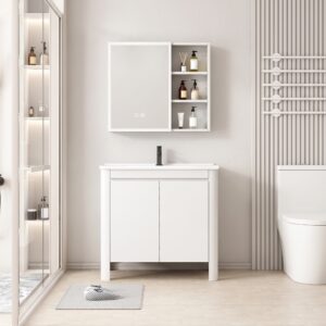 Ensemble Meuble de Salle de Bain Minimaliste sur Pieds aux Bords Arrondis avec Armoire de Toilette LED - 80 cm (Blanc)