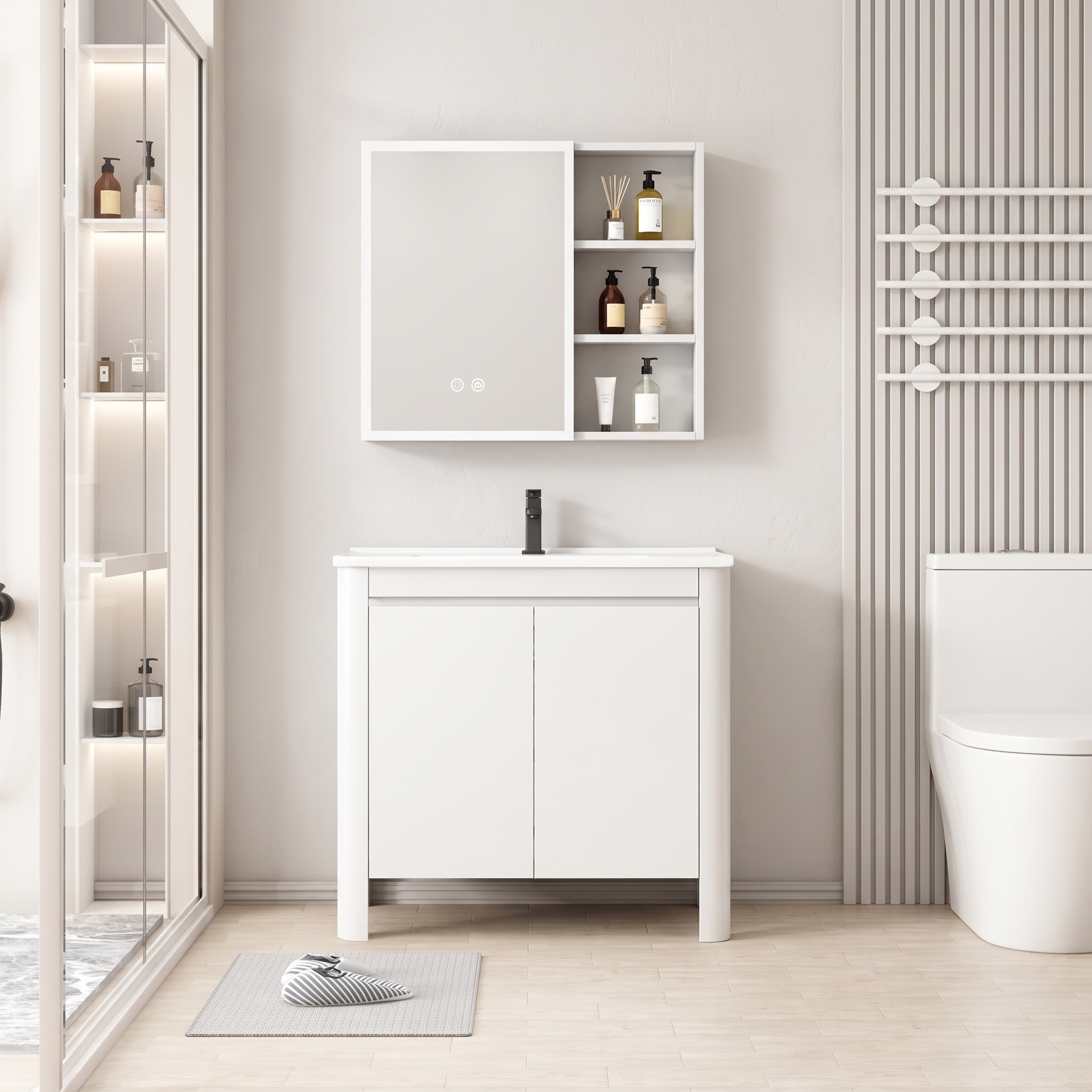 Ensemble Meuble de Salle de Bain Minimaliste sur Pieds aux Bords Arrondis avec Armoire de Toilette LED - 60 cm (Blanc)