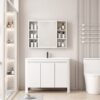 Pack Ensemble Meuble de Salle de Bain Familial sur Pieds aux Bords Arrondis avec Armoire de Toilette LED Symétrique - 100 cm (Blanc)