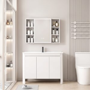 Ensemble Meuble de Salle de Bain Familial sur Pieds aux Bords Arrondis avec Armoire de Toilette LED Symétrique - 100 cm (Blanc)