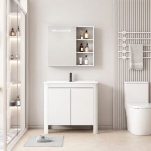 Ensemble Meuble de Salle de Bain Minimaliste sur Pieds aux Bords Arrondis avec Armoire de Toilette à Bandeau LED - 70 cm (Blanc)