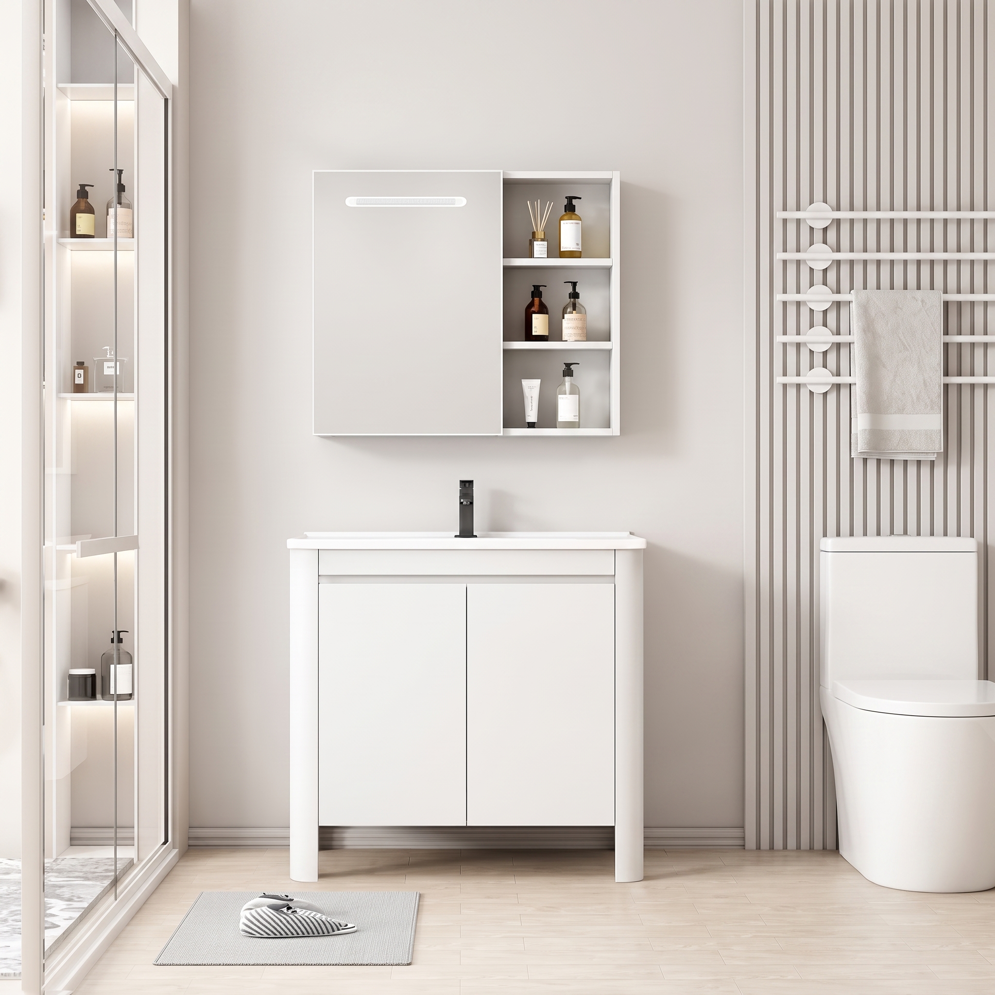 Pack Ensemble Meuble de Salle de Bain Minimaliste sur Pieds aux Bords Arrondis avec Armoire de Toilette à Bandeau LED - 80 cm (Blanc)