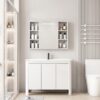 Pack Ensemble Meuble de Salle de Bain Familial sur Pieds aux Bords Arrondis avec Armoire de Toilette à Bandeau LED Symétrique - 90 cm (Blanc)