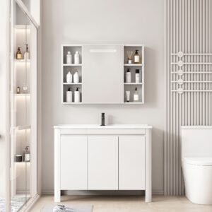 Ensemble Meuble de Salle de Bain Familial sur Pieds aux Bords Arrondis avec Armoire de Toilette à Bandeau LED Symétrique - 90 cm (Blanc)