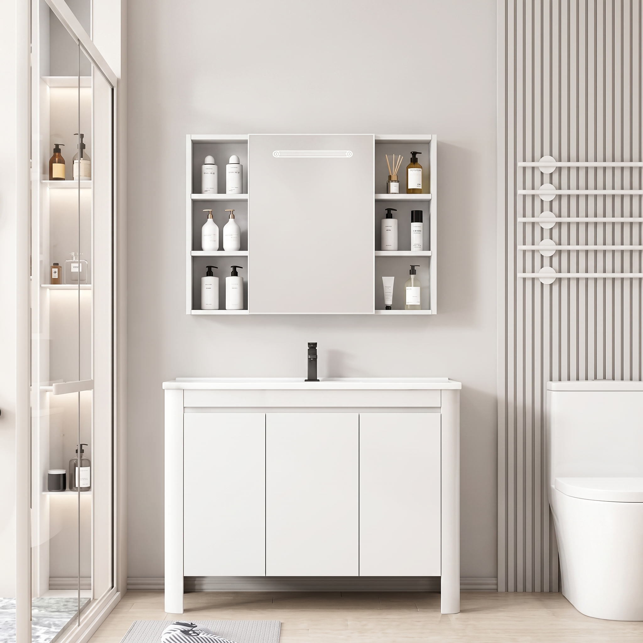 Pack Ensemble Meuble de Salle de Bain Familial sur Pieds aux Bords Arrondis avec Armoire de Toilette à Bandeau LED Symétrique - 90 cm (Blanc)