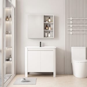 Ensemble Meuble de Salle de Bain Minimaliste sur Pieds aux Bords Arrondis avec Armoire de Toilette - 70 cm (Blanc)