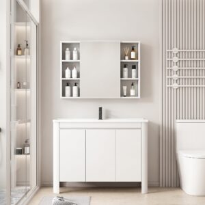 Ensemble Meuble de Salle de Bain Familial sur Pieds aux Bords Arrondis avec Grande Armoire de Toilette Symétrique - 100 cm (Blanc)