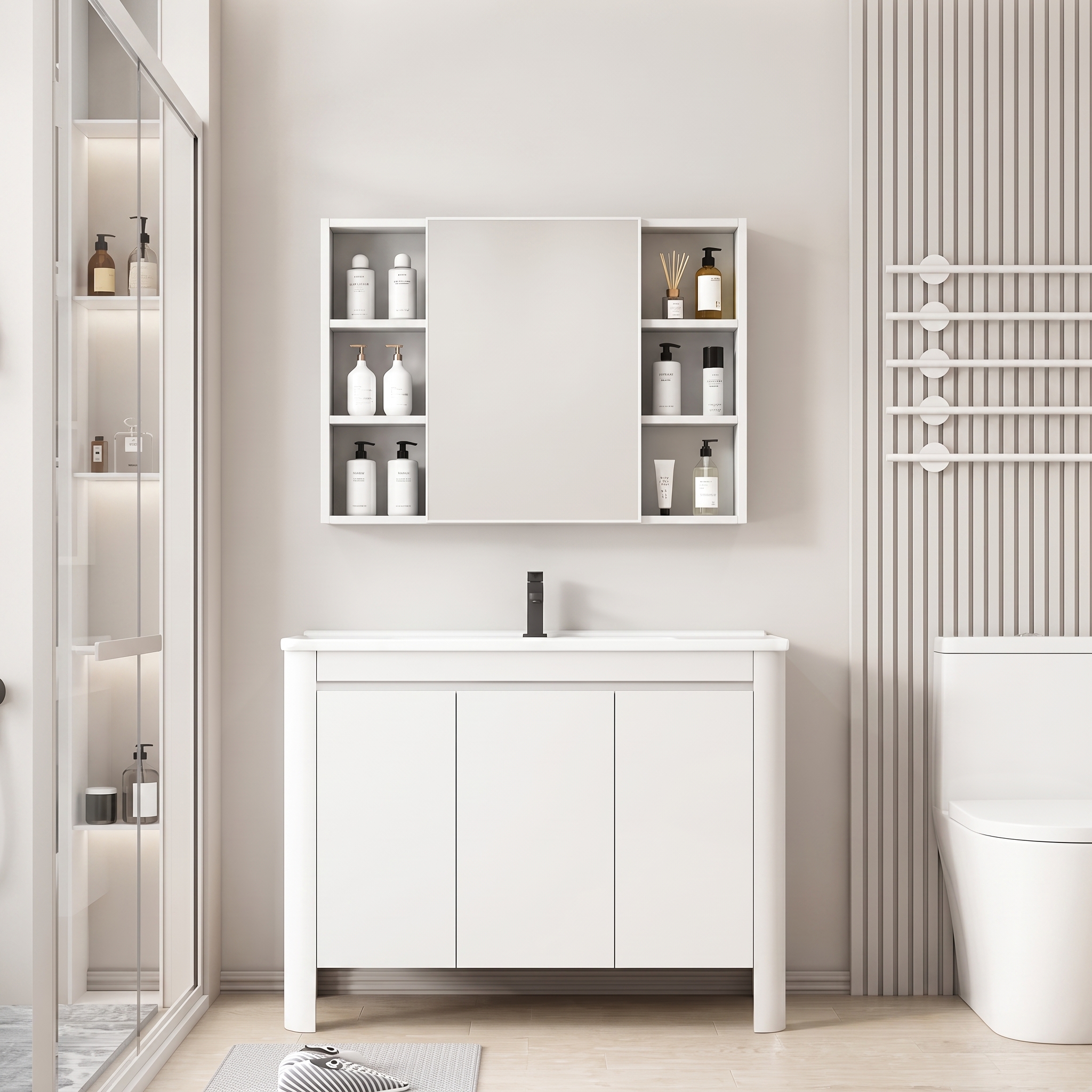 Pack Ensemble Meuble de Salle de Bain Familial sur Pieds aux Bords Arrondis avec Grande Armoire de Toilette Symétrique - 100 cm (Blanc)