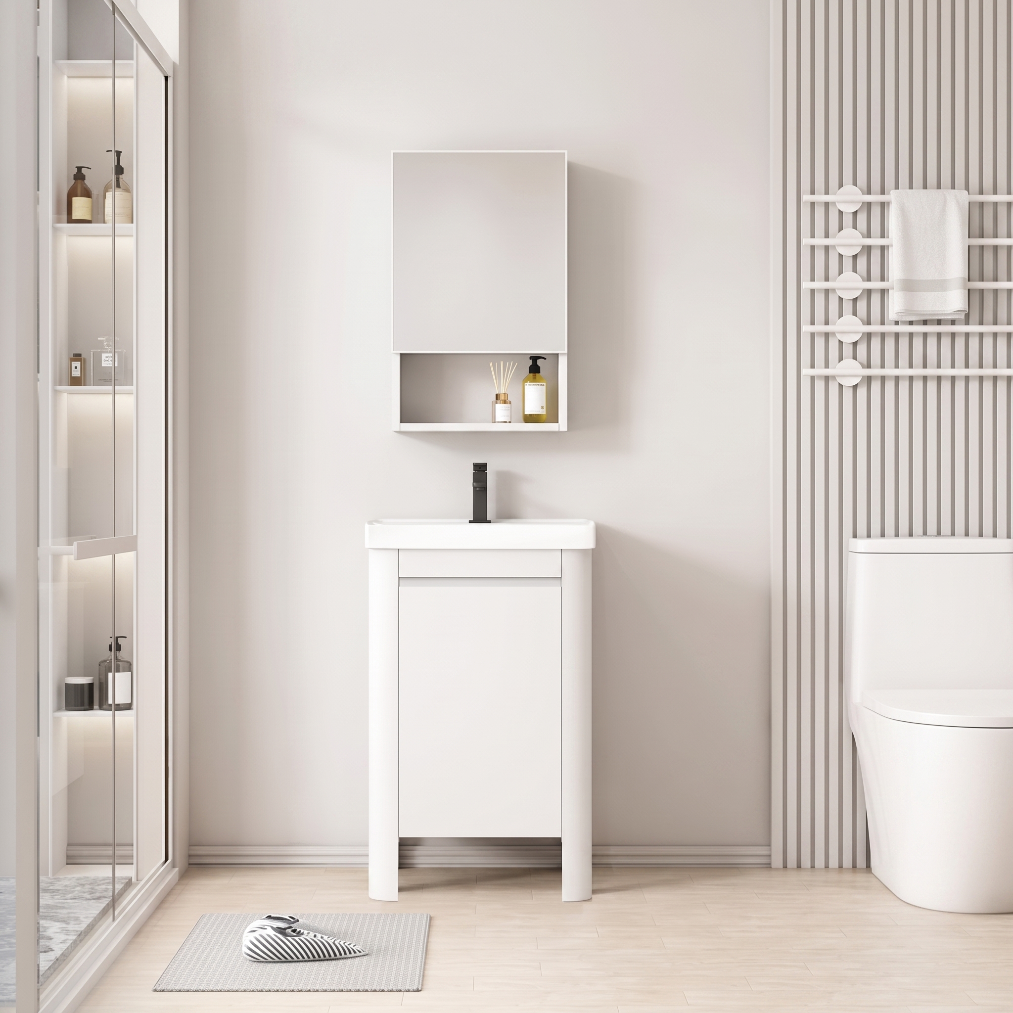 Pack Ensemble Meuble de Salle de Bain Ultra-Compact sur Pieds aux Bords Arrondis avec Armoire de Toilette et Niche - 40 cm (Blanc)