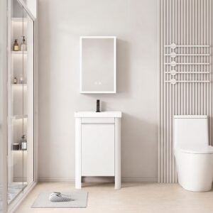 Ensemble Meuble de Salle de Bain Compact sur Pieds aux Bords Arrondis avec Armoire de Toilette LED - 50 cm (Blanc)