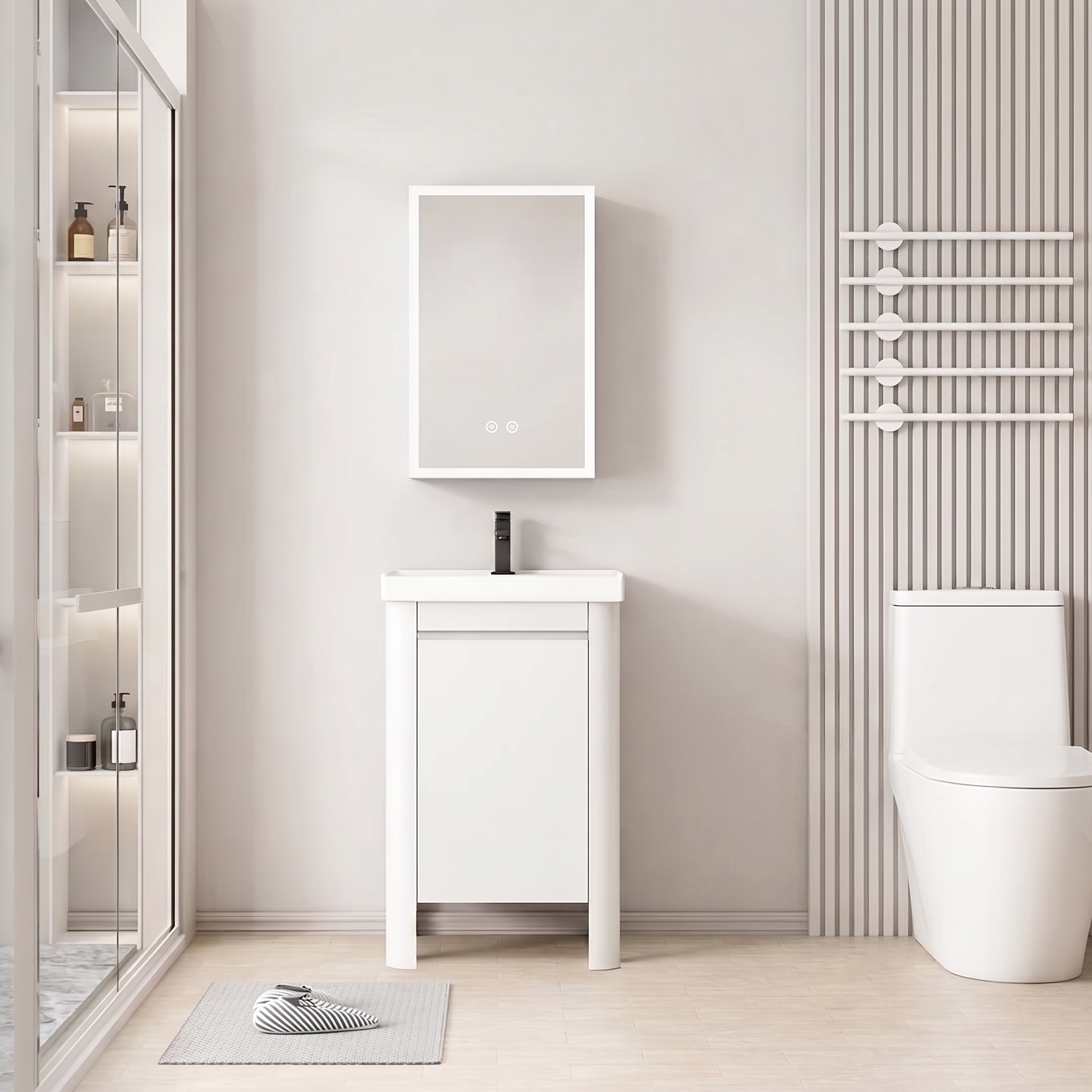 Pack Ensemble Meuble de Salle de Bain Compact sur Pieds aux Bords Arrondis avec Armoire de Toilette LED - 50 cm (Blanc)