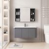 Pack Ensemble Meuble de Salle de Bain Suspendu aux Bords Arrondis avec Armoire de Toilette LED Symétrique (Gris)