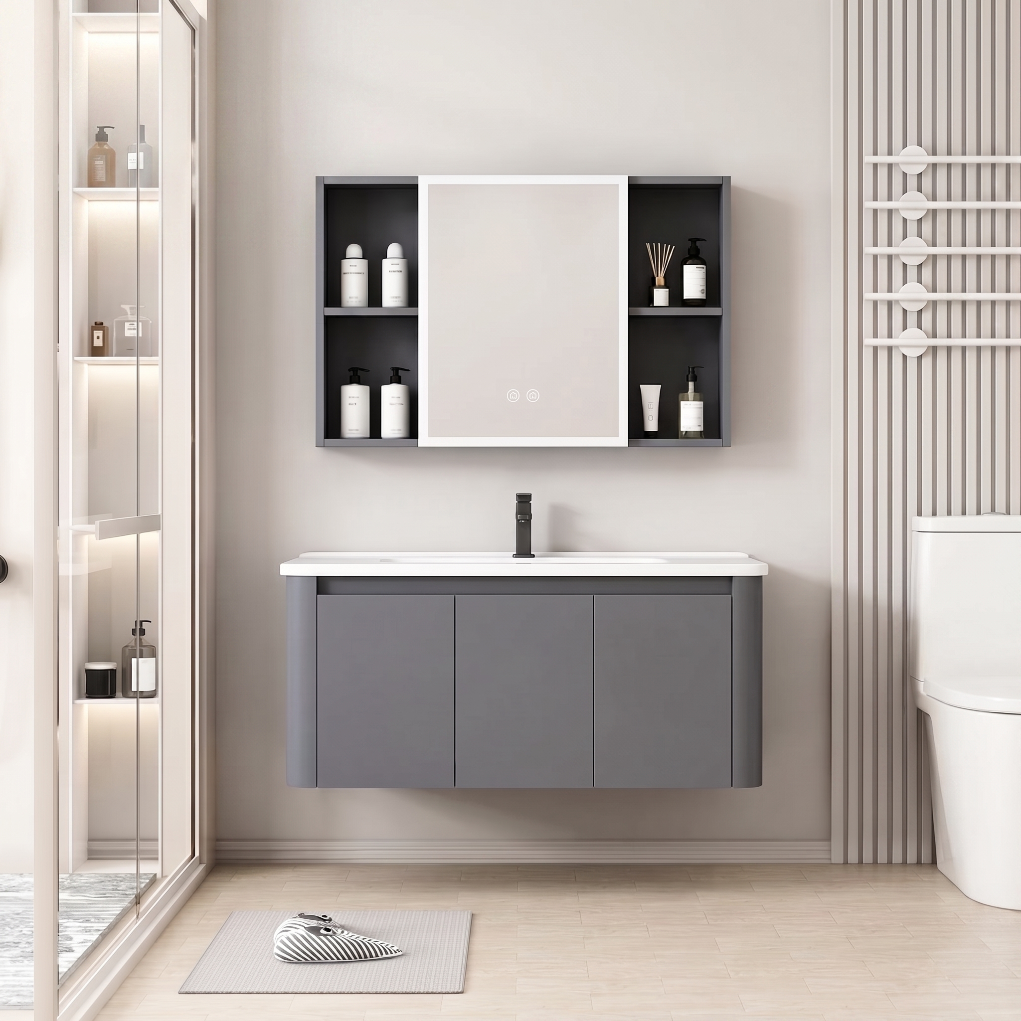 Pack Ensemble Meuble de Salle de Bain Suspendu aux Bords Arrondis avec Armoire de Toilette LED Symétrique (Gris)