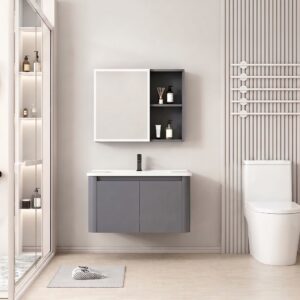 Ensemble Meuble de Salle de Bain Minimaliste Suspendu aux Bords Arrondis avec Armoire de Toilette - 80 cm (Gris)