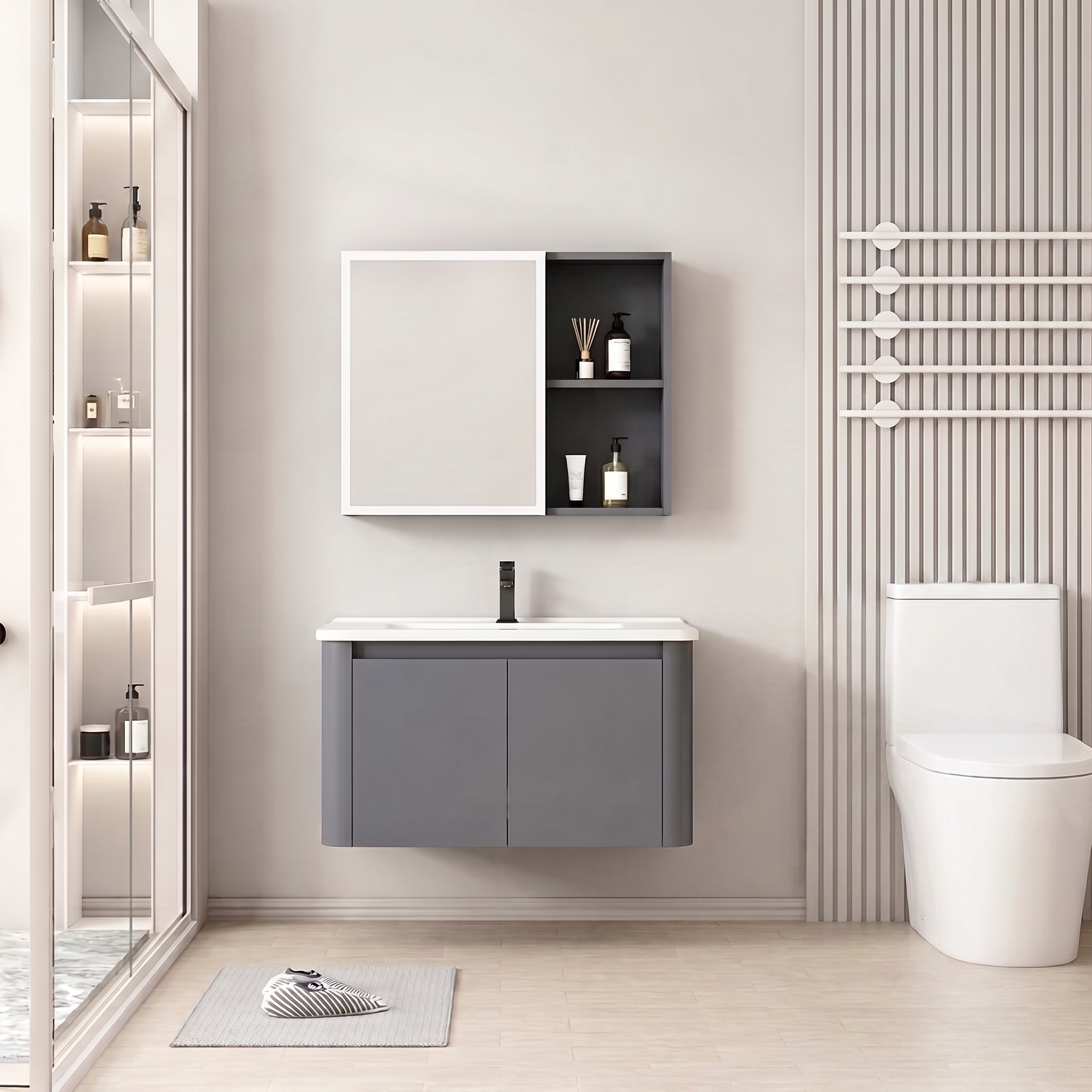Pack Ensemble Meuble de Salle de Bain Minimaliste Suspendu aux Bords Arrondis avec Armoire de Toilette - 80 cm (Gris)