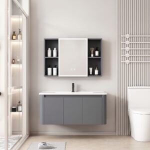 Ensemble Meuble de Salle de Bain Familial Suspendu aux Bords Arrondis avec Grande Armoire de Toilette LED Symétrique - 100 cm (Gris)