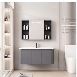 Ensemble Meuble de Salle de Bain Familial Suspendu aux Bords Arrondis avec Armoire de Toilette à Bandeau LED - 100 cm (Gris)