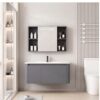 Pack Ensemble Meuble de Salle de Bain Familial Suspendu aux Bords Arrondis avec Grande Armoire de Toilette à Bandeau LED - 90 cm (Gris)