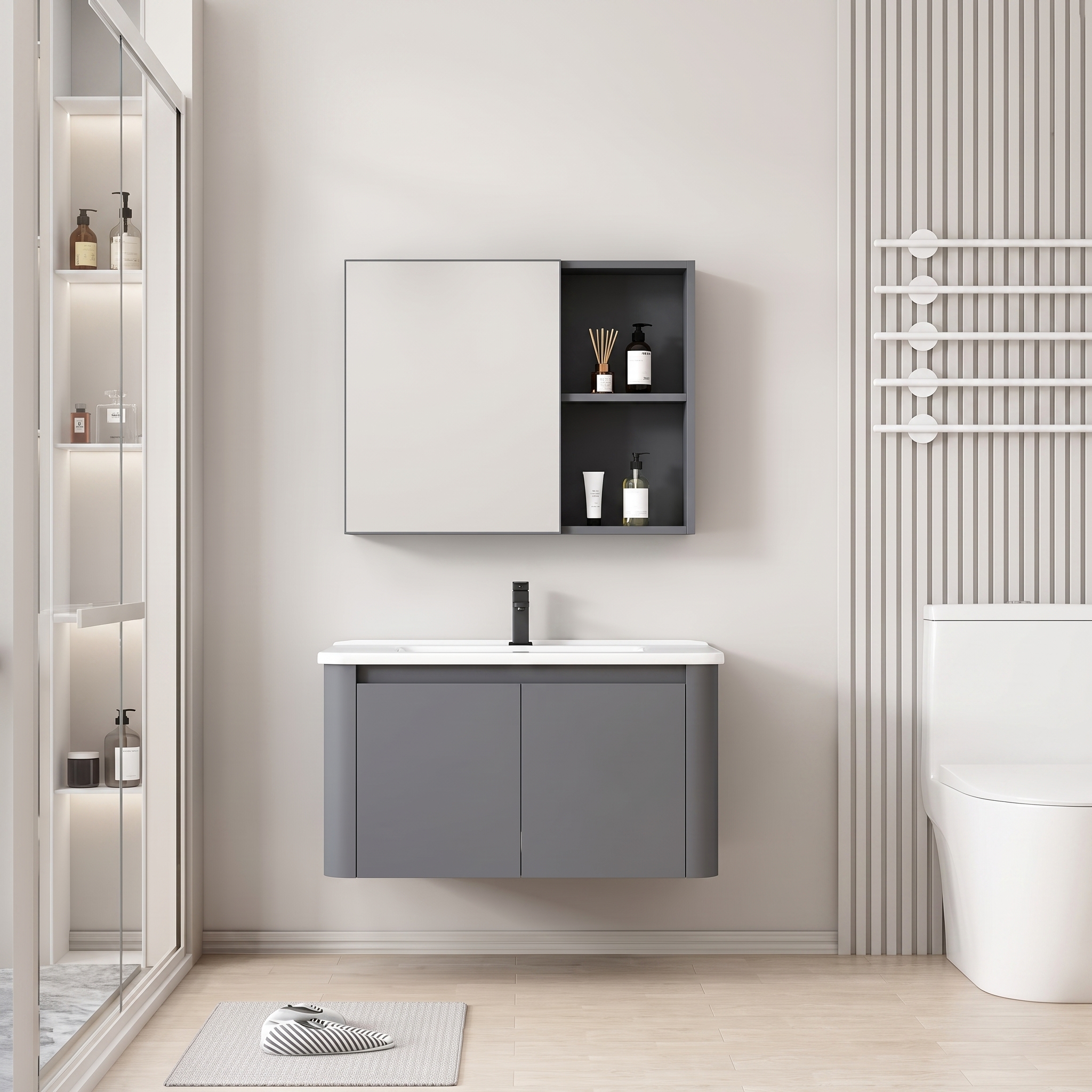 Pack Ensemble Meuble de Salle de Bain Minimaliste Suspendu aux Bords Arrondis avec Armoire de Toilette - 80 cm (Gris)